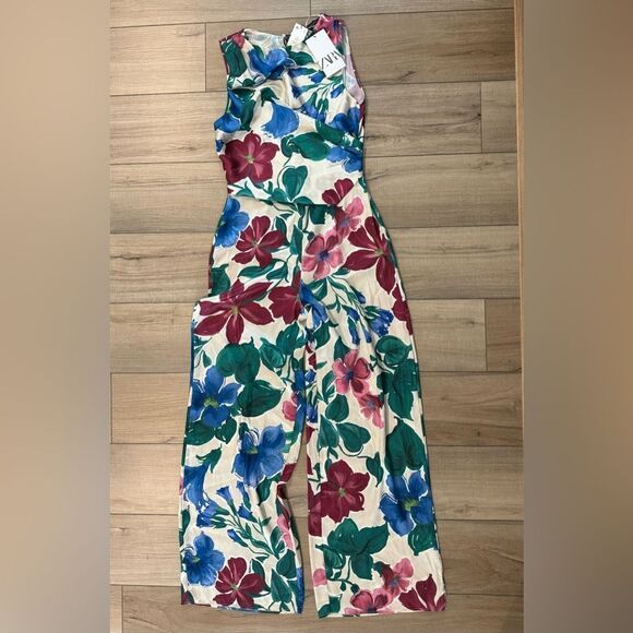 ZARA FLORAL WIDE-LEGS JUMPSUIT WOMEN’S S SMALL ROMPER summer fall NWT - Picture 2 of 4